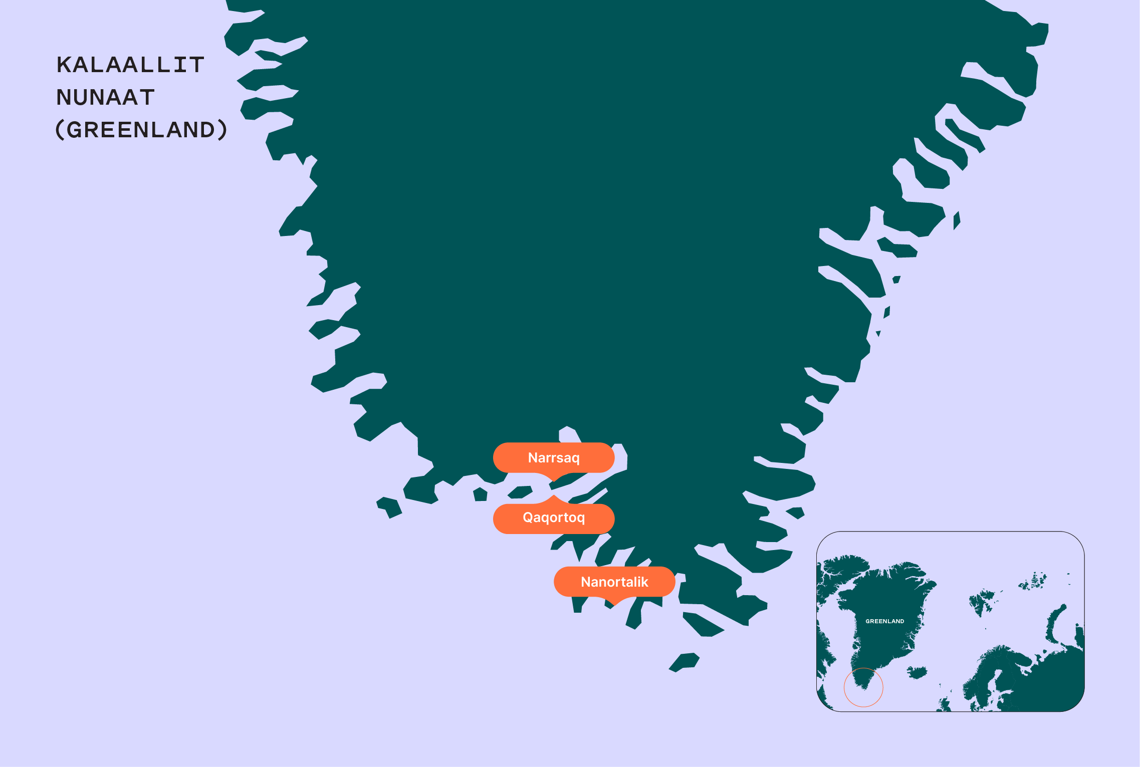 A map of Kalaallit Nunaat (Greenland) where Qaqortoq, Narsaq and Nanortalik are highlighted.