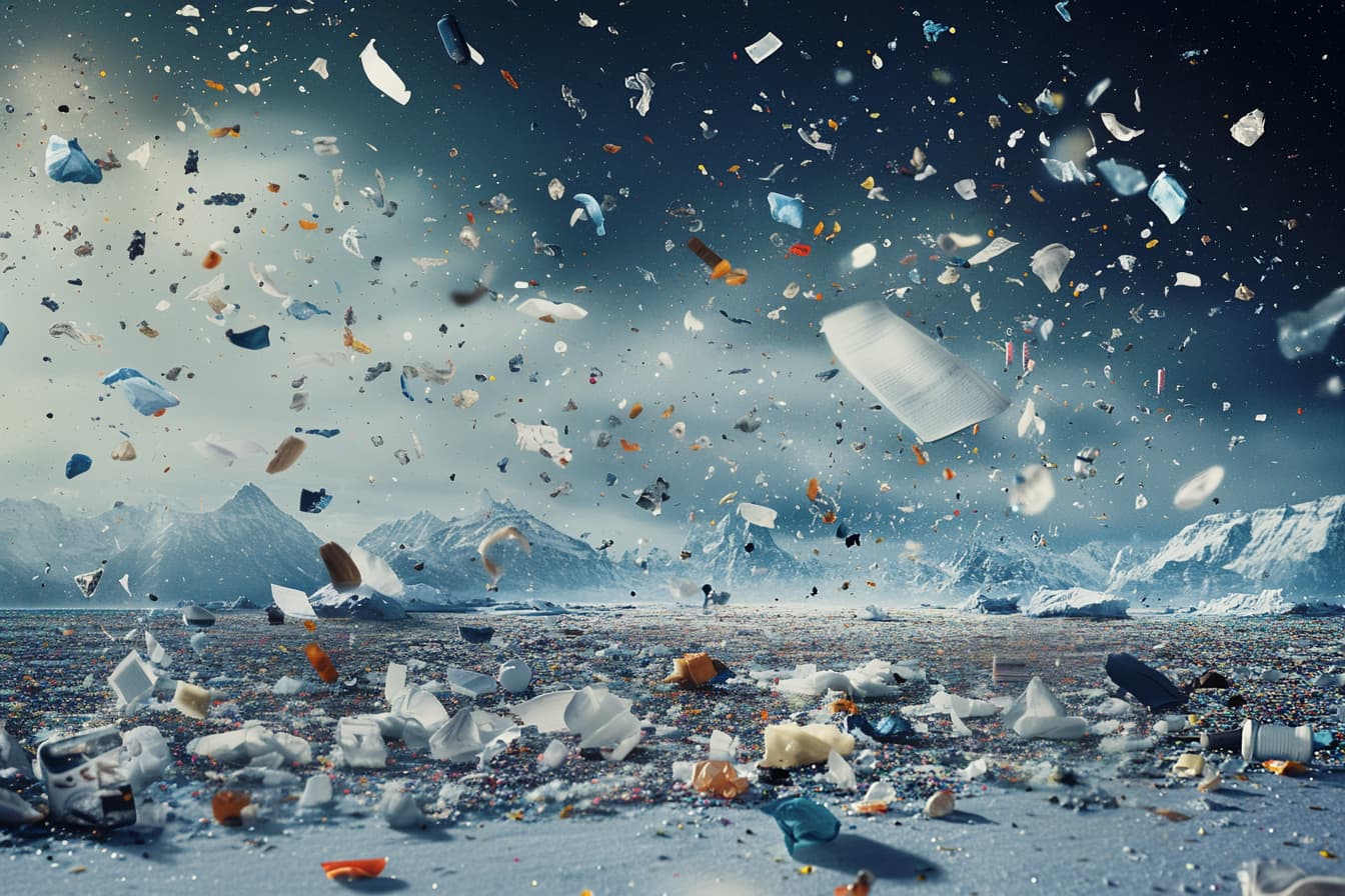 Papers flying on the air above a glacier that has plastic things on it. The picture has been produced with artificial intelligence.