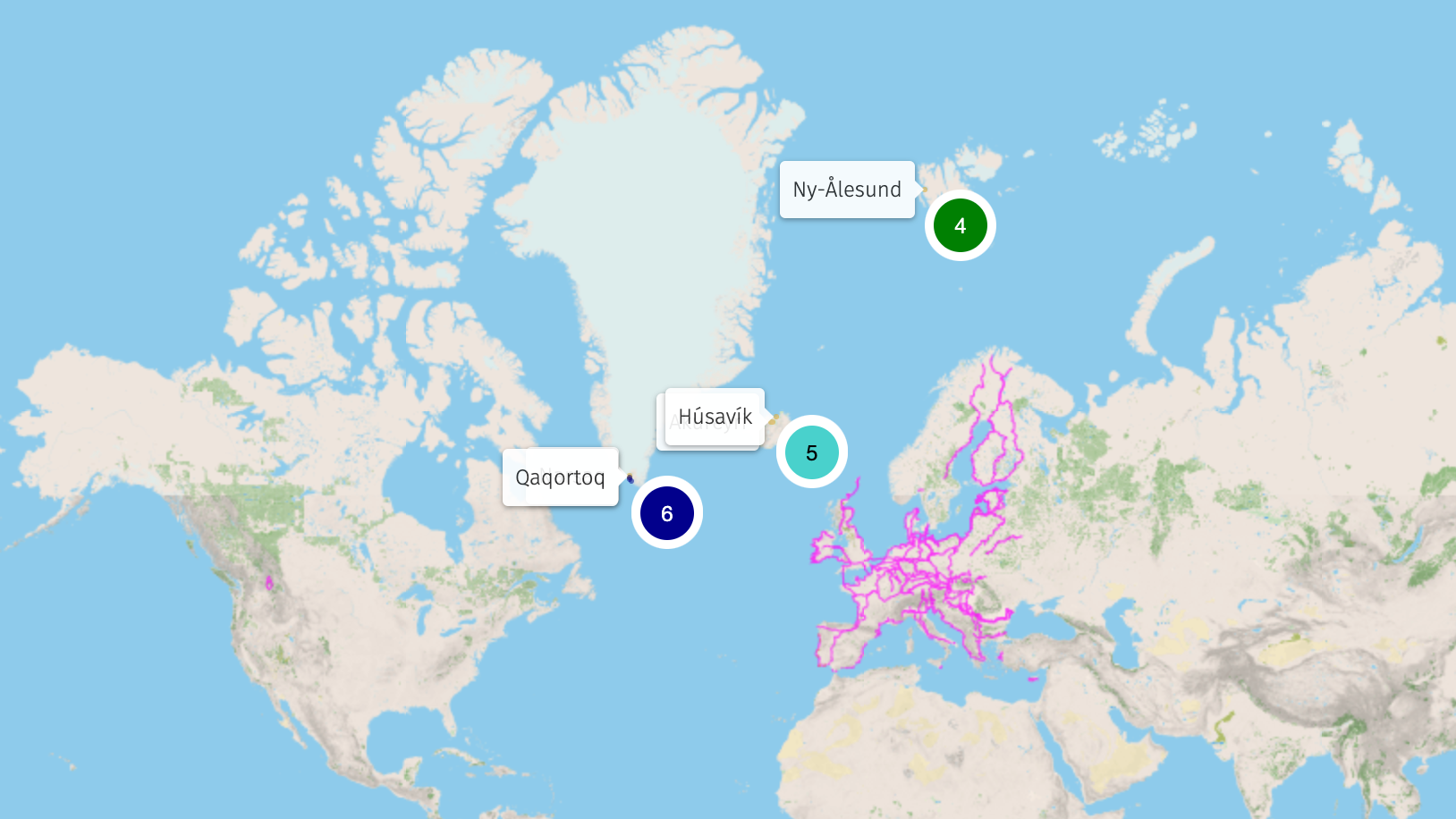 A picture of the ICEBERG uMap. In the picture, there is the world map with dots in Iceland, Kalaallit Nunaat and Svalbard.