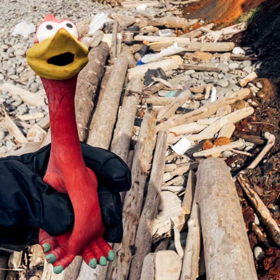 A hand holding a rubber chicken that has been found from the beach.