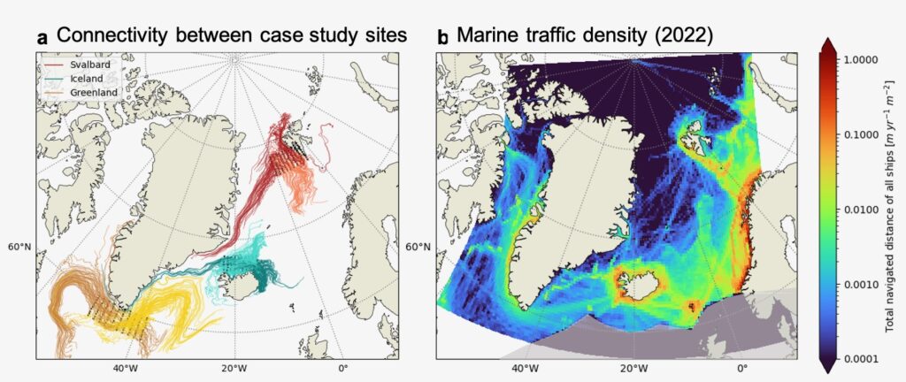 Two maps of the Arctic area, focused on the ICEBERG case study sites, Iceland, Svalbard and Greenland. The first map shows the movement of particles that were released in the Ocean as a part of the research. On the other map, there are colours around the research areas, indicating the volume of ship traffic in these areas.