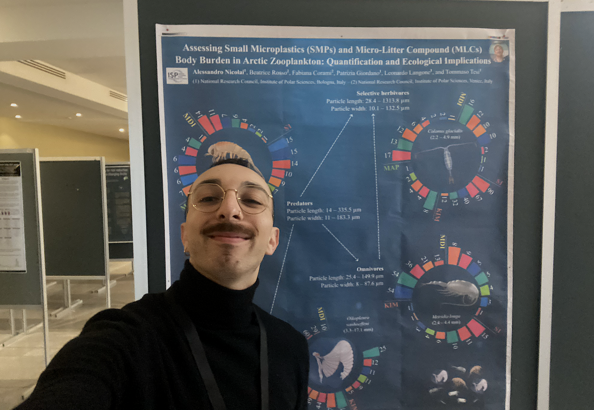 Alessandro Nicolai stands in front of his scientific poster on microplastics in Arctic zooplankton at a conference venue.