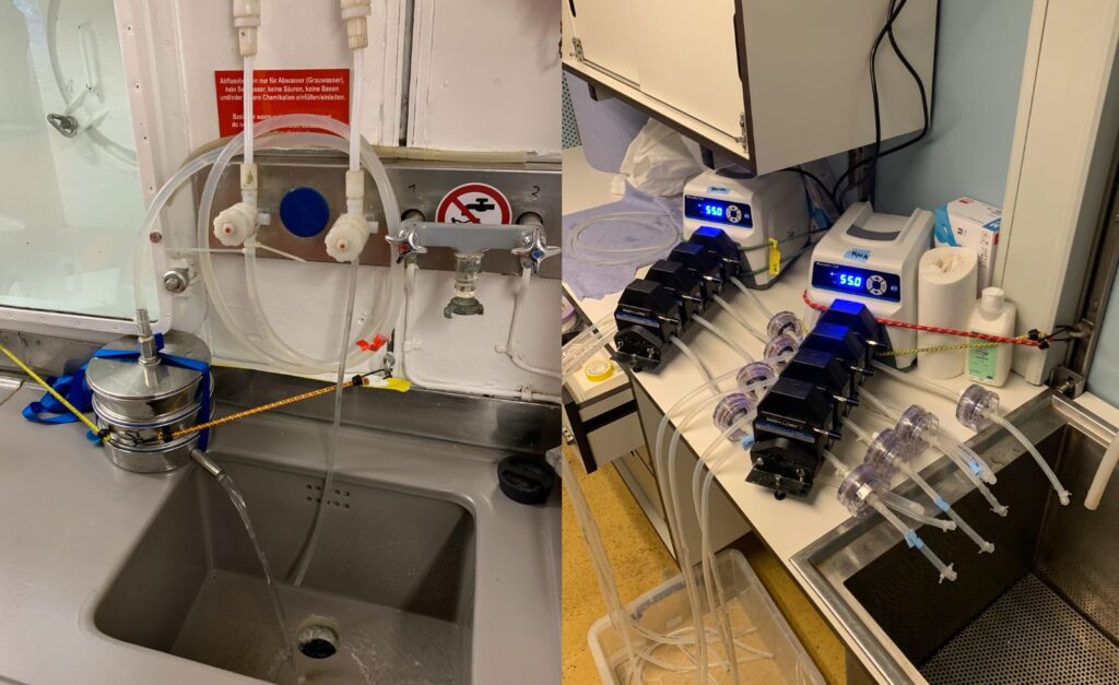 Collage of ship laboratory equipment showing seawater pumps, tubing, and filtration systems used for microplastic sampling.
