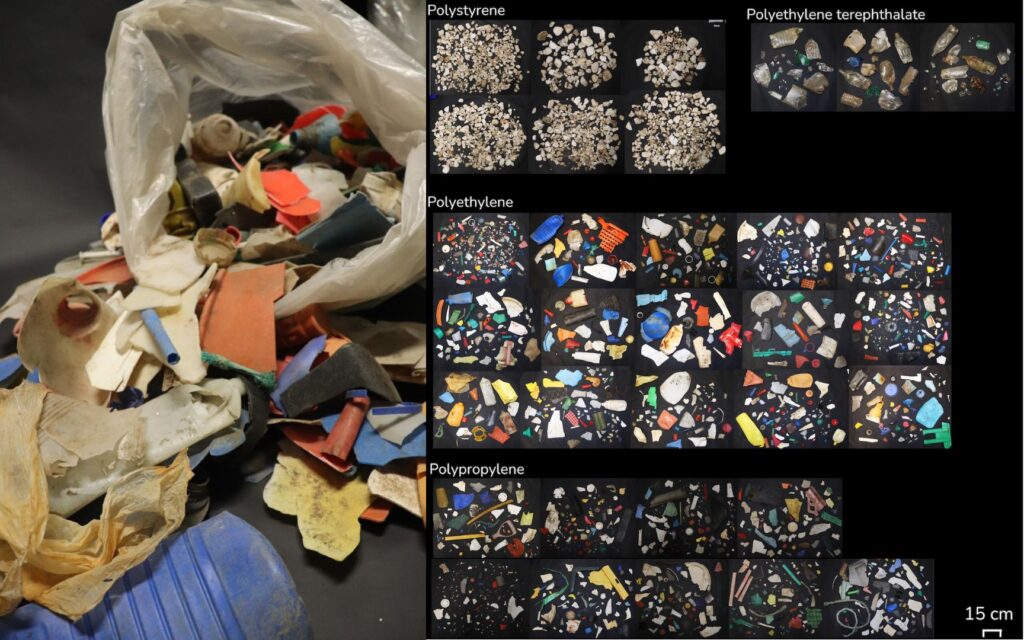Composite image showing collected beach plastic debris and sorted fragments. On the left, a large bag of mixed, weathered plastic pieces spills onto a surface. On the right, multiple panels display the same debris separated by polymer type—polystyrene, polyethylene terephthalate (PET), polyethylene (PE), and polypropylene (PP)—each photographed against a black background with a 15 cm scale bar.