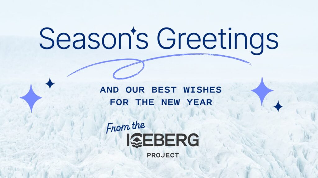 Season’s greetings graphic with the message “Season’s Greetings and our best wishes for the New Year” over an icy Arctic background, featuring the ICEBERG project logo.