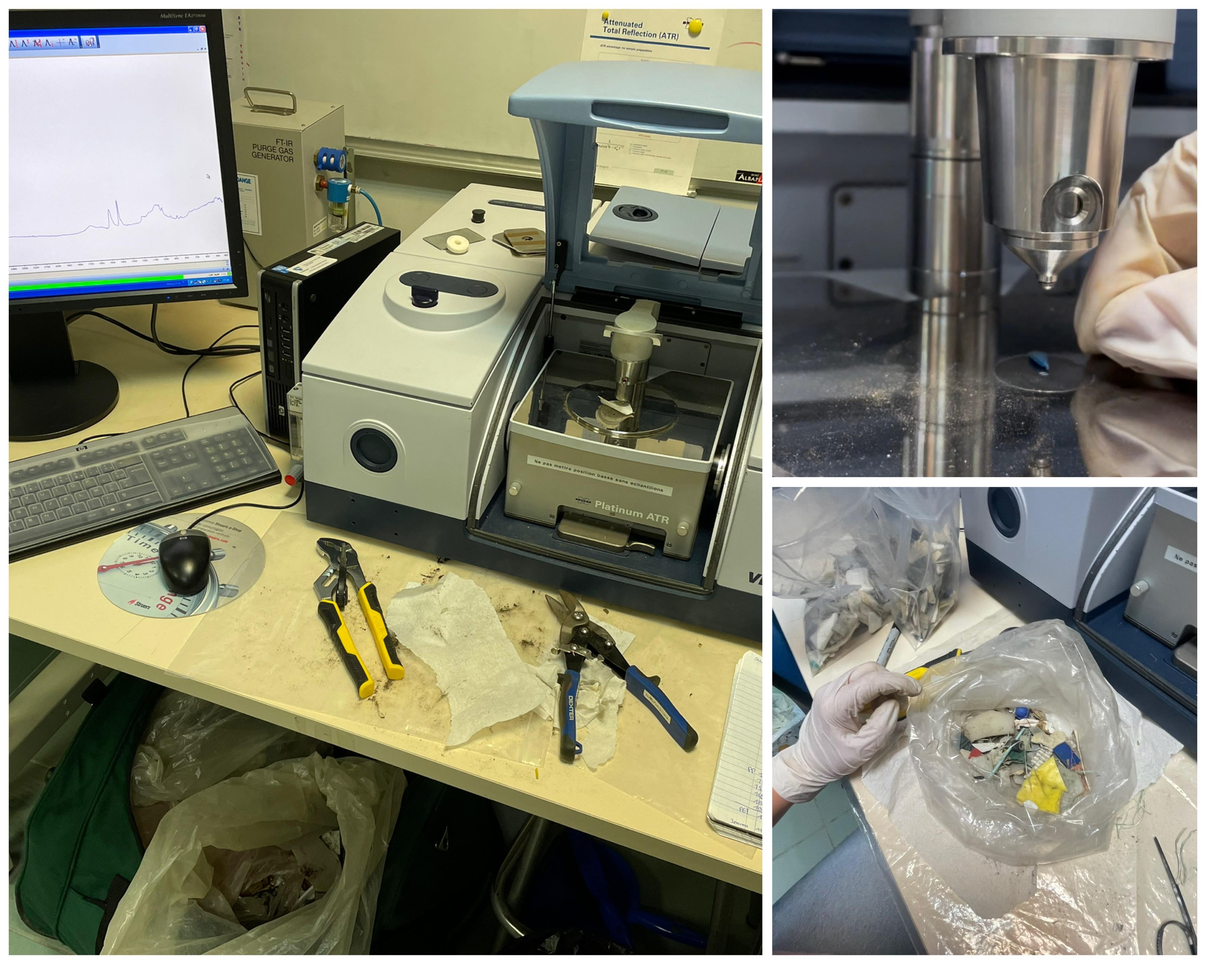 Collage showing an FTIR spectrometer workstation, close-up of the ATR measurement head, and a researcher preparing plastic fragments for polymer analysis.