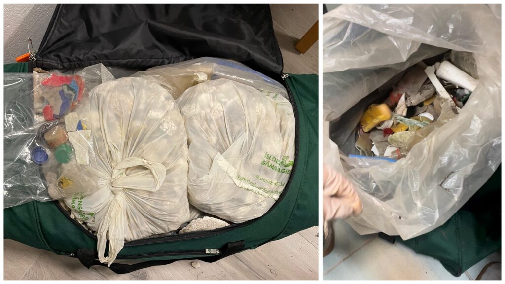 Close-up of a large plastic bag filled with weathered and colourful beach plastic debris of various shapes and sizes.