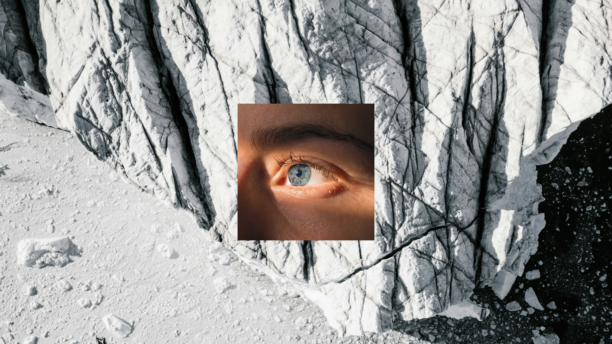 Composite image showing a close-up of a human eye overlaid on an aerial view of fractured Arctic ice and glacier surfaces, symbolising observation and awareness of Arctic environmental change.