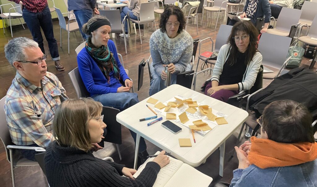 Six ICEBERG project members discussing around a table with post it notes on the table.