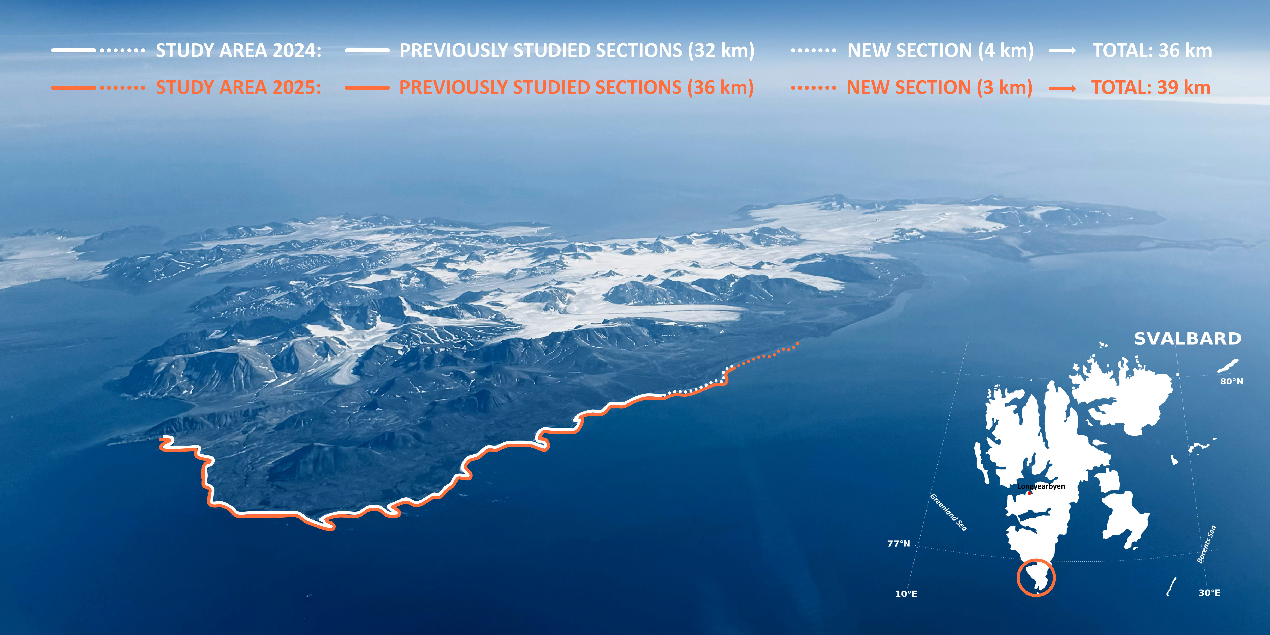 Map of Svalbard, with red and white lines highlighting the coast, showcasing the marine litter study area.