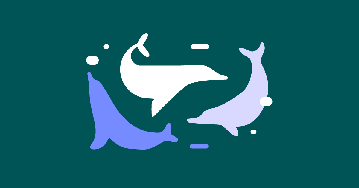 A simplistic illustration of three seals swimming around against a dark green backdrop. The seals are light purple, white, and blue in color.