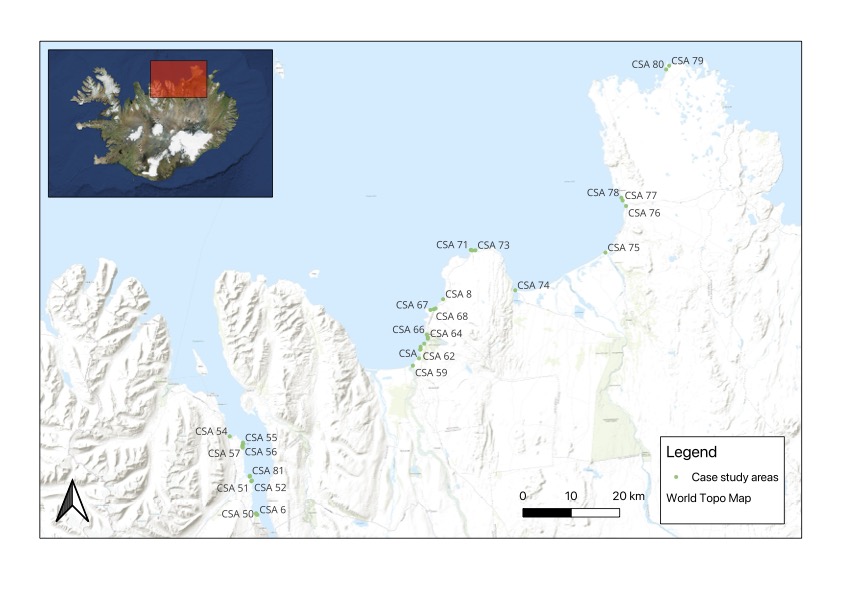A map of the shore of Iceland showcasing study areas for fieldwork. The areas say "CSA". The land areas are white and water areas blue.