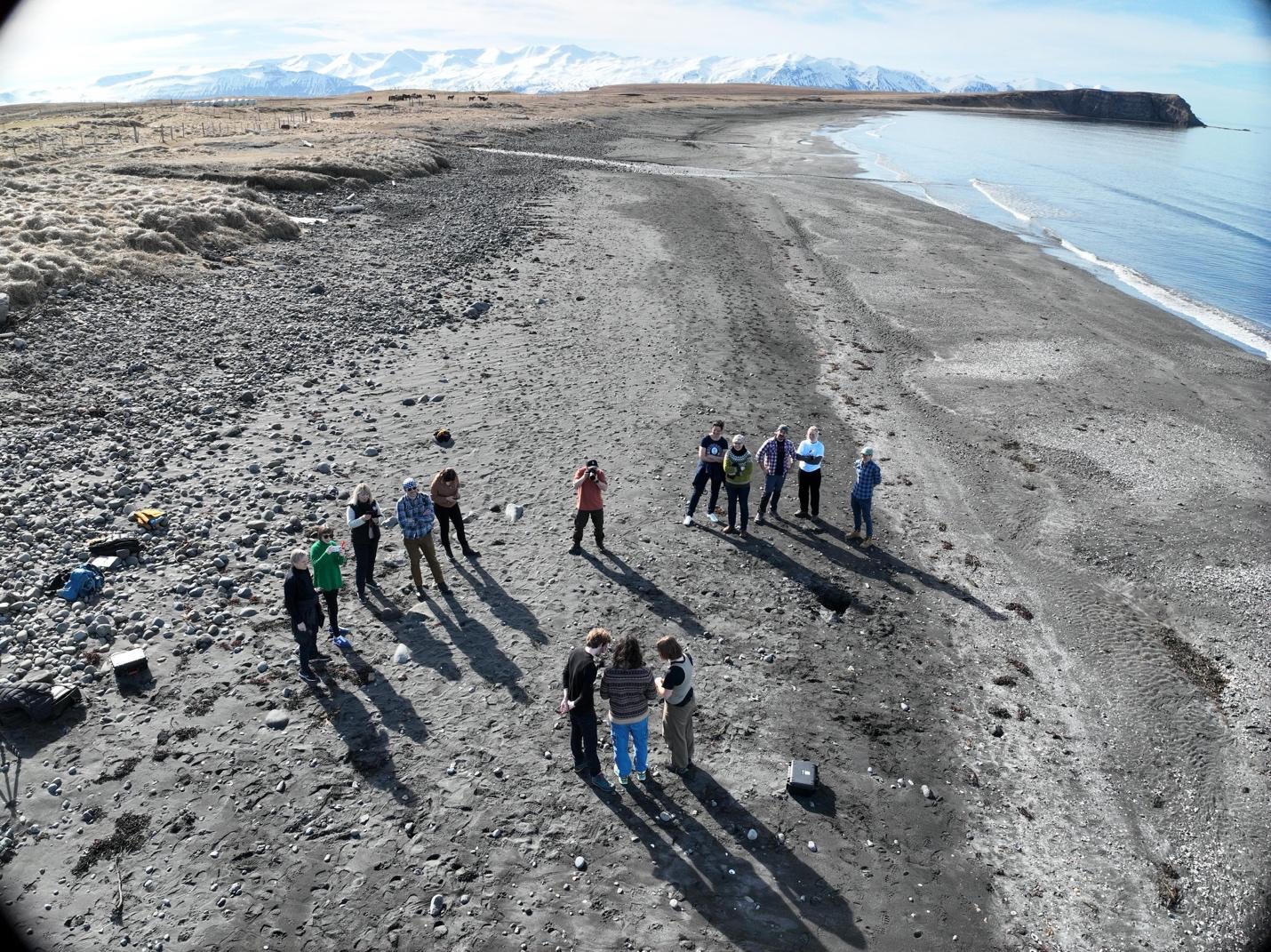A group of about ten volunteers conducting fieldwork through piloting drones on the coast of Iceland. The beach is a grey color and the water is blue